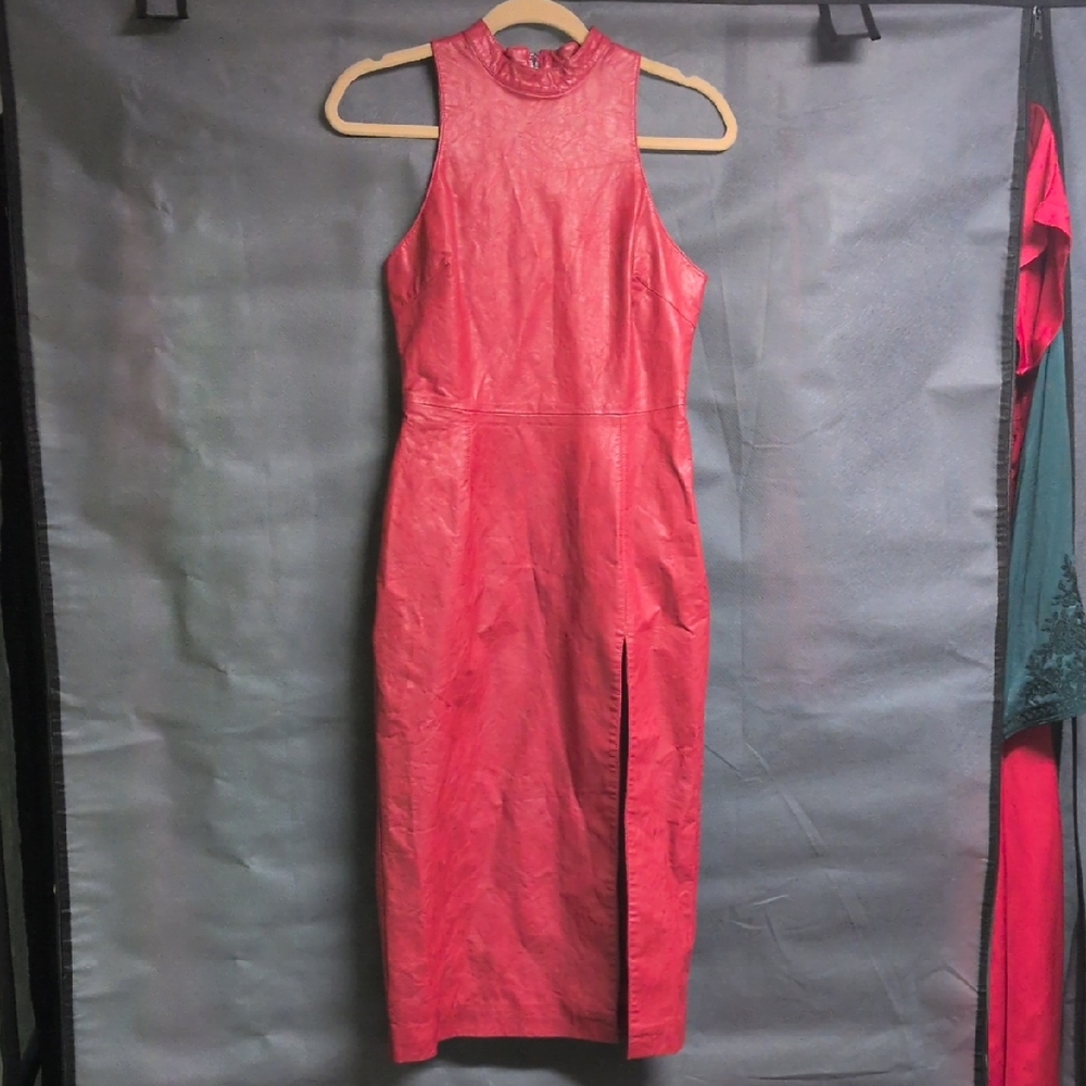 House of CB Red Faux Leather High-Neck Midi Dress